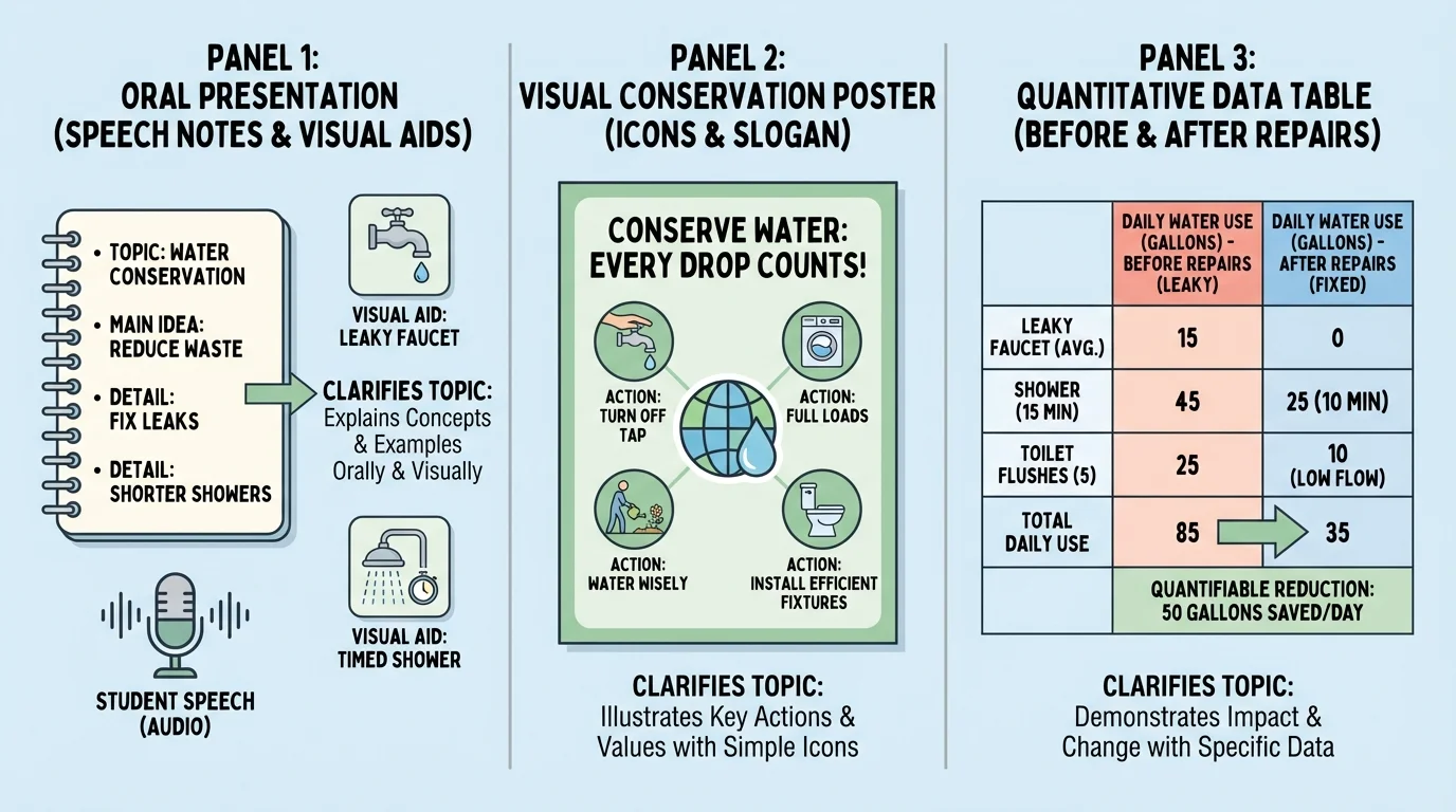three-panel comparison showing student speech notes, conservation poster icons, and a daily water use table before and after repairs