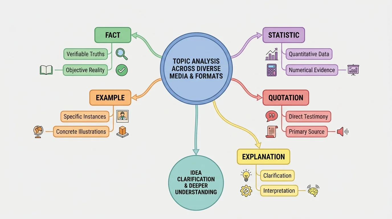 concept map with a central main idea circle and branches labeled fact, example, statistic, quotation, and explanation