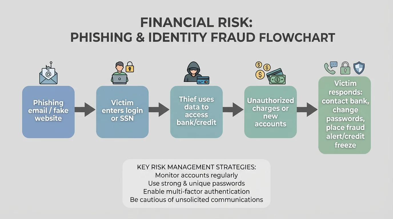 A flowchart with boxes "Phishing email / fake website" → "Victim enters login or SSN" → "Thief uses data to access bank/credit" → "Unauthorized charges or new accounts" → "Victim responds: contact bank, change passwords, place fraud alert/credit freeze".