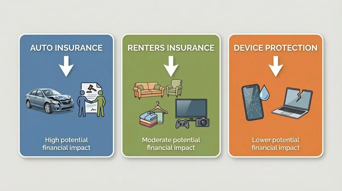 Three side-by-side icons labeled "Auto", "Renters", and "Device" with arrows to icons representing what each covers (car crash and liability for Auto; furniture, clothes, electronics for Renters; smartphone/laptop for Device), plus a small note under each like "high impact" or "moderate impact".