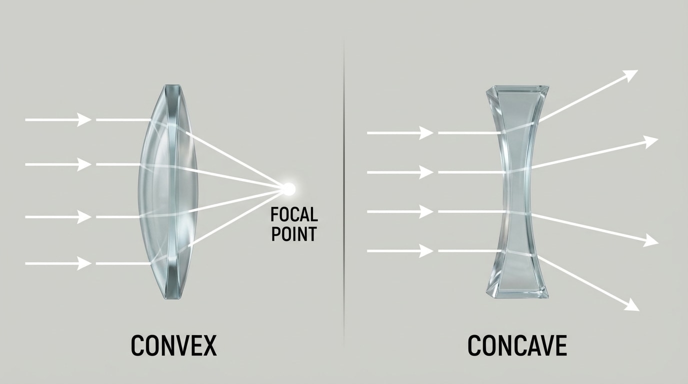 Side-by-side drawing of a convex lens focusing parallel rays to a focal point and a concave lens spreading parallel rays outward, with labels for “convex”, “concave”, “focal point”