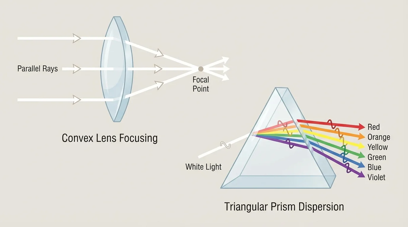 Diagram with a convex lens bringing parallel rays to a focus and a triangular prism spreading white light into red through violet