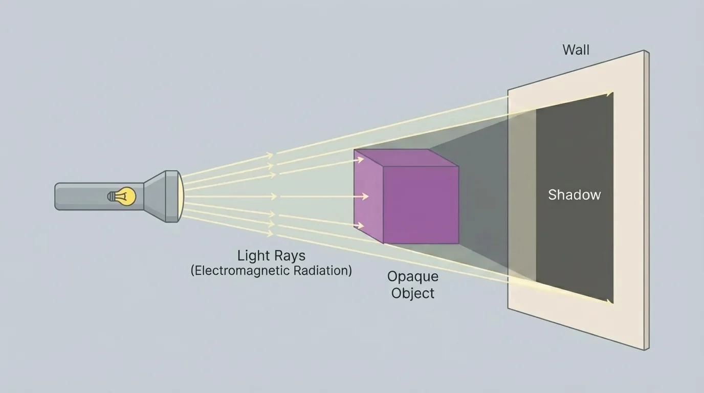 Diagram showing a flashlight shining in straight rays toward an object and forming a shadow on a wall