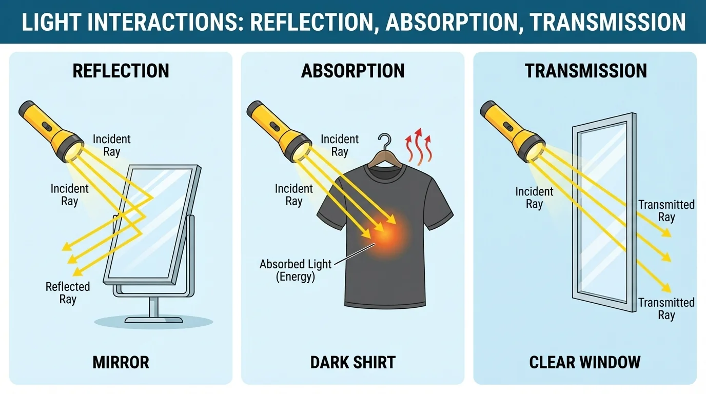 Three-panel diagram showing light hitting a mirror and reflecting, hitting a dark shirt and being absorbed, and passing through a clear window and being transmitted