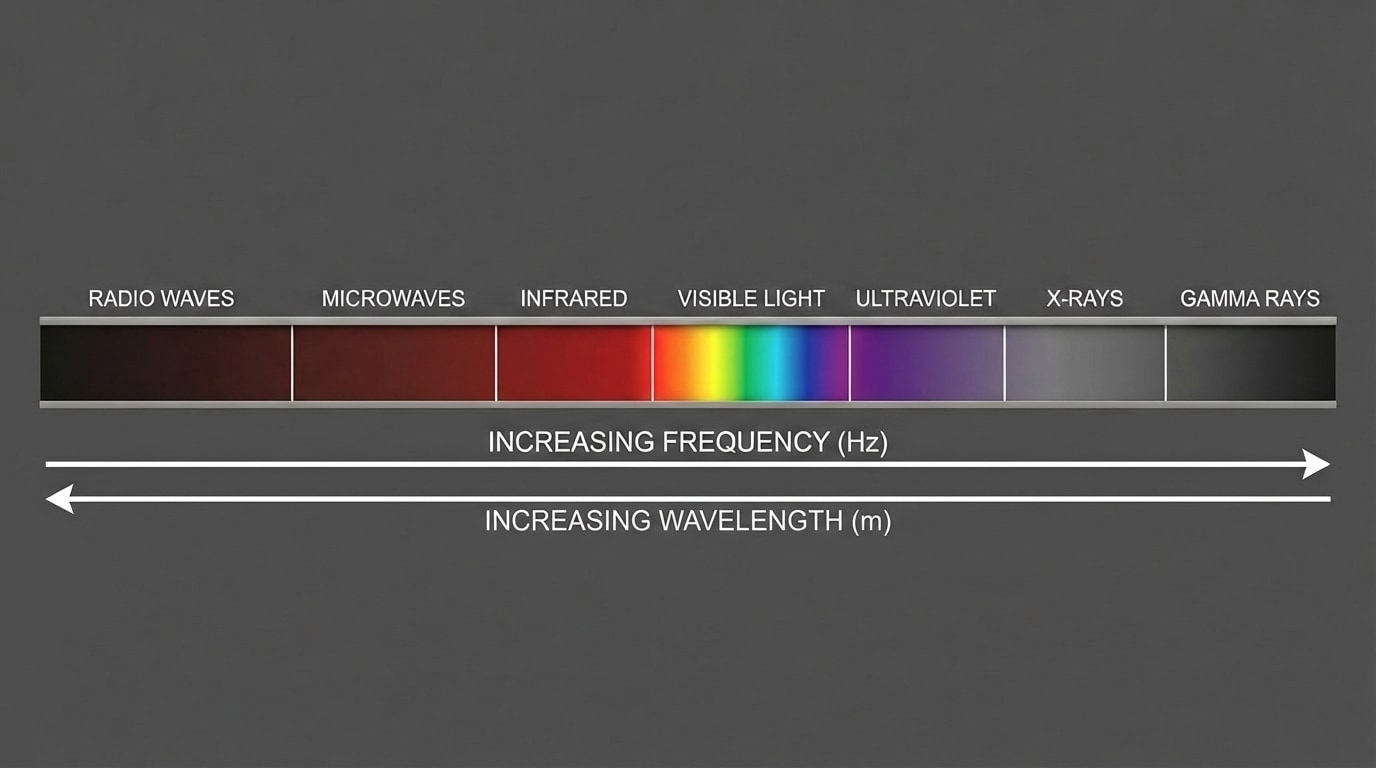 A labeled electromagnetic spectrum showing radio, microwave, infrared, visible (with rainbow colors), ultraviolet, X-ray, and gamma rays, with arrows indicating increasing frequency and decreasing wavelength