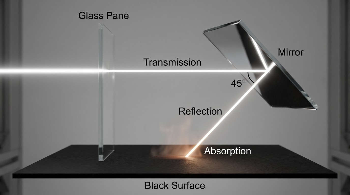 A single incoming light ray striking three panels: a mirror (showing reflected ray), a black surface (showing absorbed energy/heat), and a glass pane (showing transmitted ray), all clearly labeled
