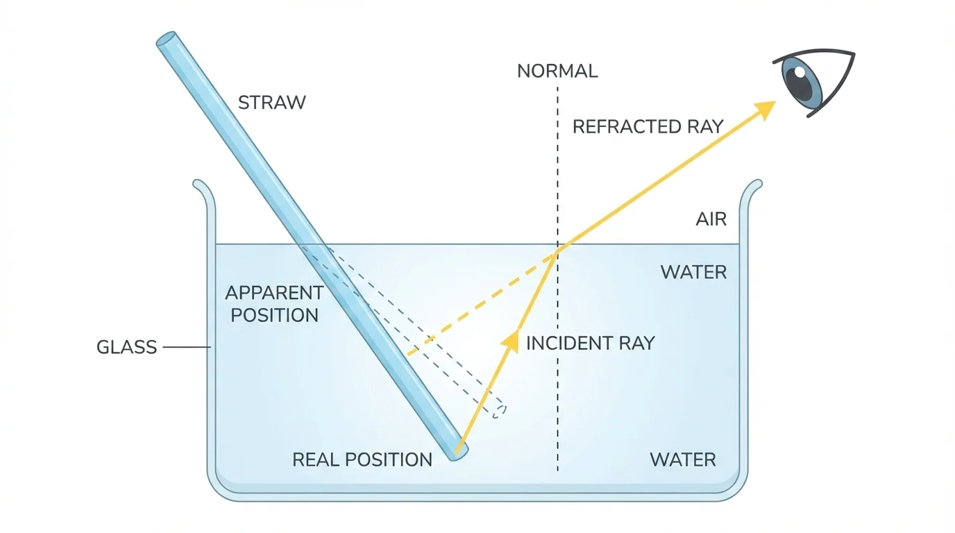 Diagram of a light ray entering water from air and bending at the surface, with a straw in a glass appearing bent