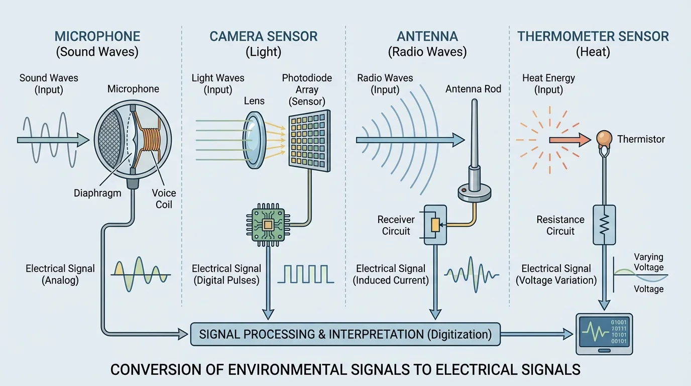 Diagram of microphone, camera sensor, antenna, and thermometer sensor each converting a different input into an electrical signal