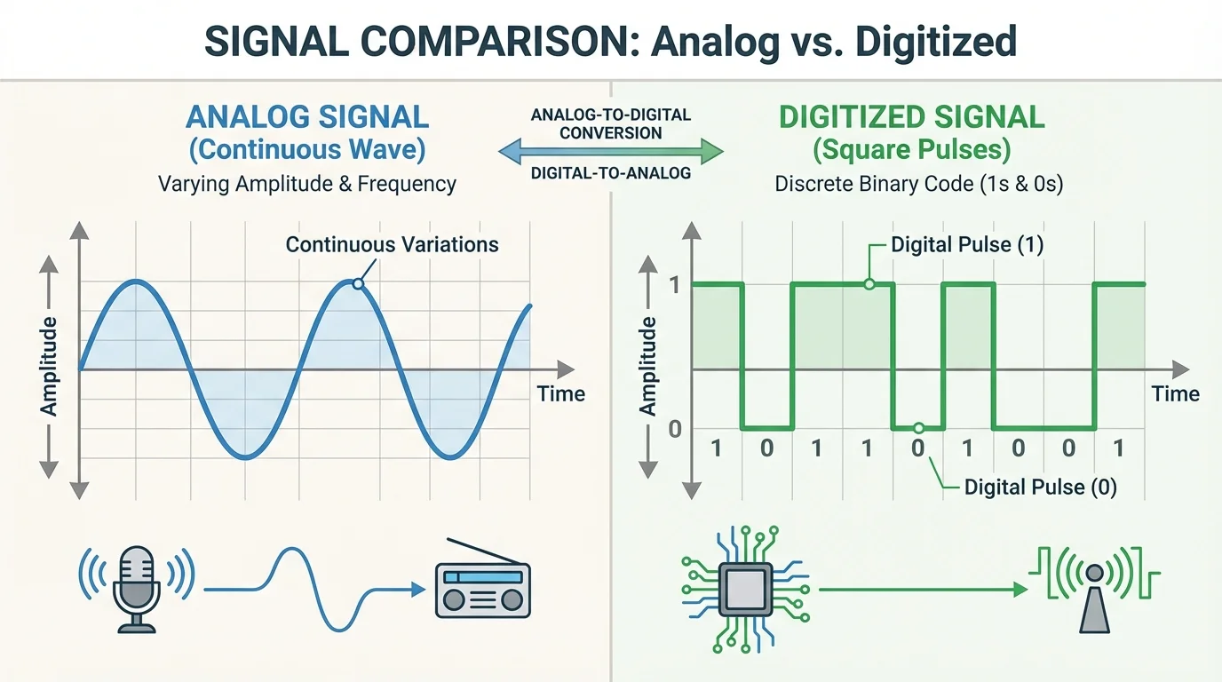 Comparison of a continuous analog signal and a digitized signal made of square pulses