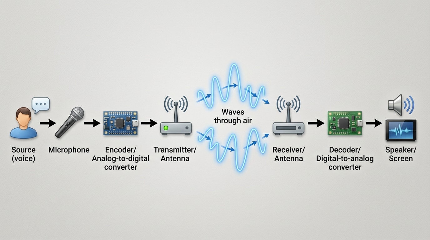 A block diagram of an information system: Source (voice) â Microphone â Encoder/Analog-to-digital converter â Transmitter/Antenna â Waves through air â Receiver/Antenna â Decoder/Digital-to-analog converter â Speaker/Screen