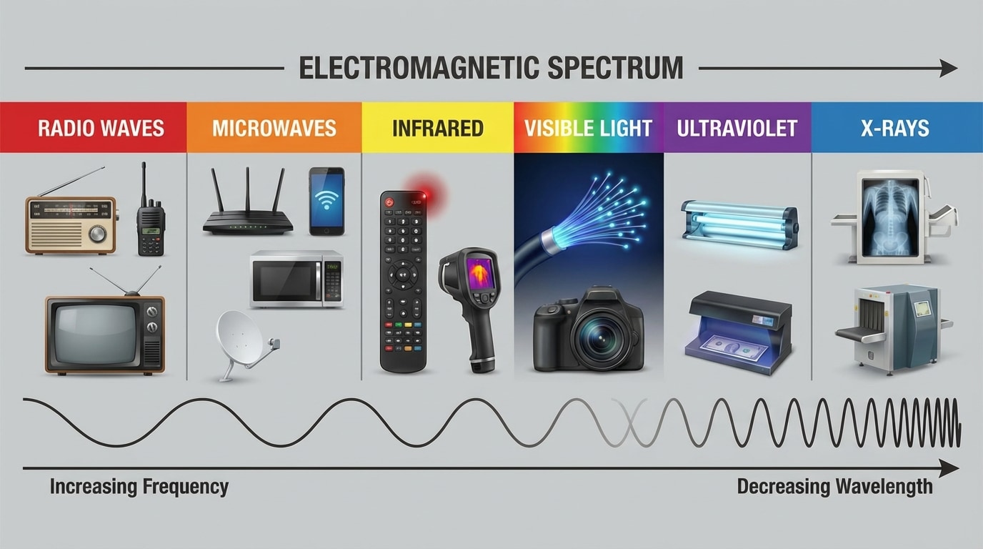 A labeled electromagnetic spectrum strip showing radio, microwave, infrared, visible, ultraviolet, X-ray, with example devices like Wi-Fi router, cell phone, TV, remote control