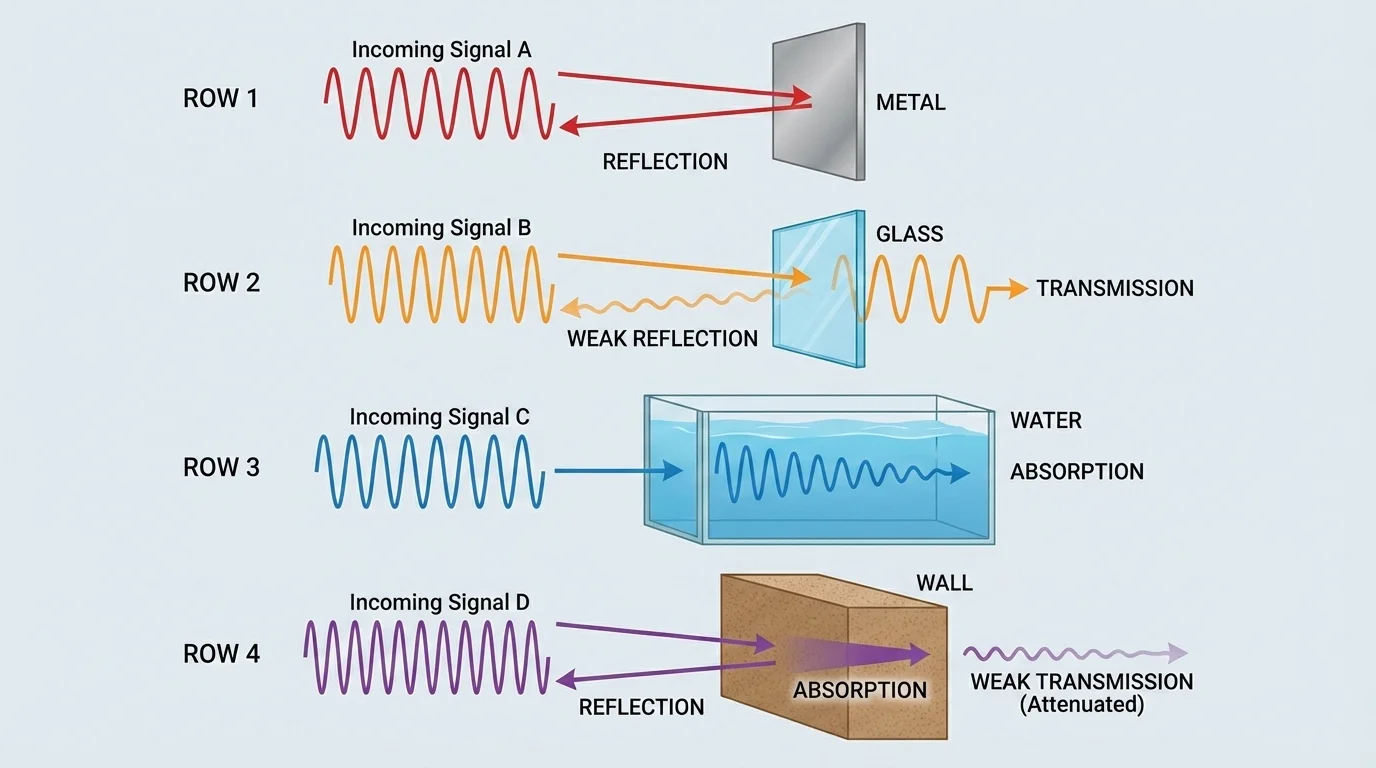Signal waves meeting metal, glass, water, and a wall with labels for reflection, absorption, and transmission