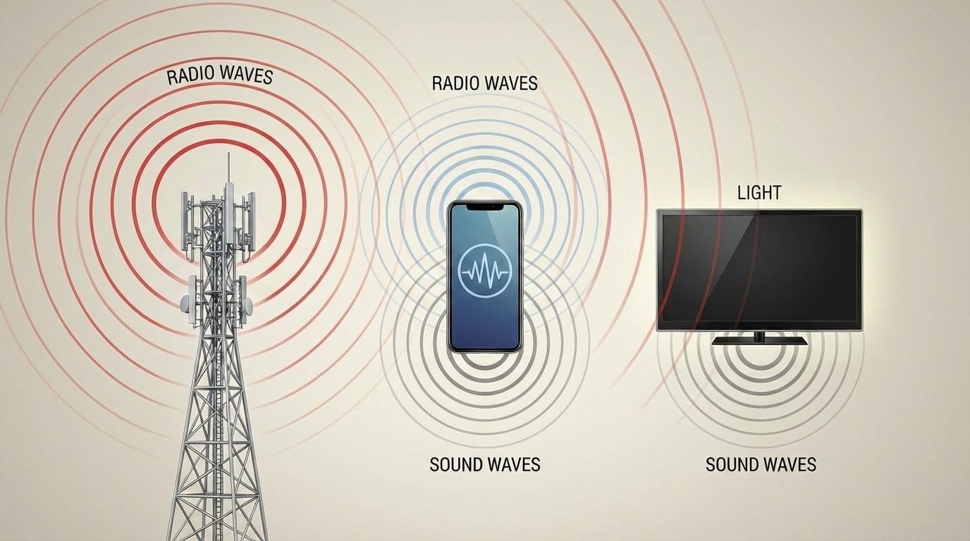 A smartphone, a radio tower, and a TV broadcasting waves represented as concentric circles, with labels for sound waves and radio waves spreading through space