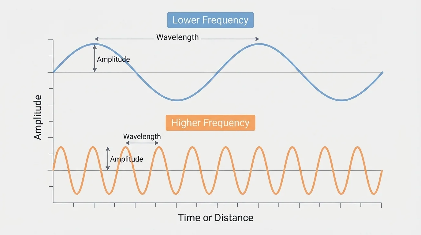 Labeled comparison of two waves showing amplitude, wavelength, and higher versus lower frequency