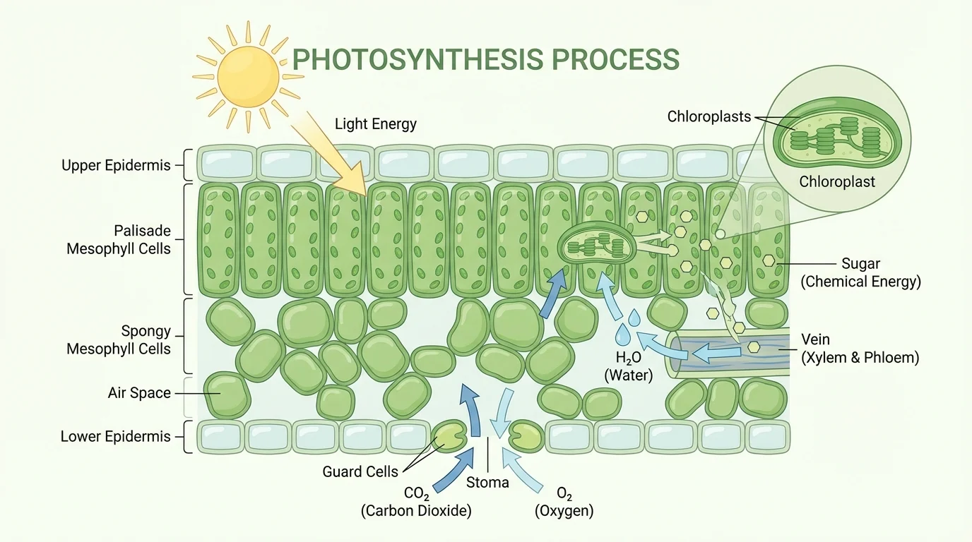 Cross-section of a leaf with stomata, mesophyll cells, and chloroplasts highlighted inside leaf cells