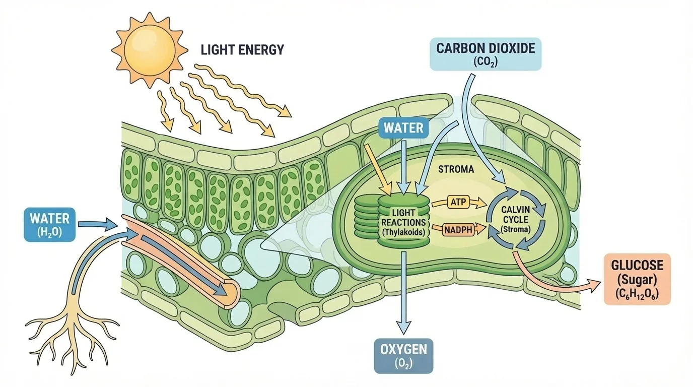 Labeled flow diagram of a plant leaf and chloroplast showing light energy entering, carbon dioxide and water entering, and glucose and oxygen leaving