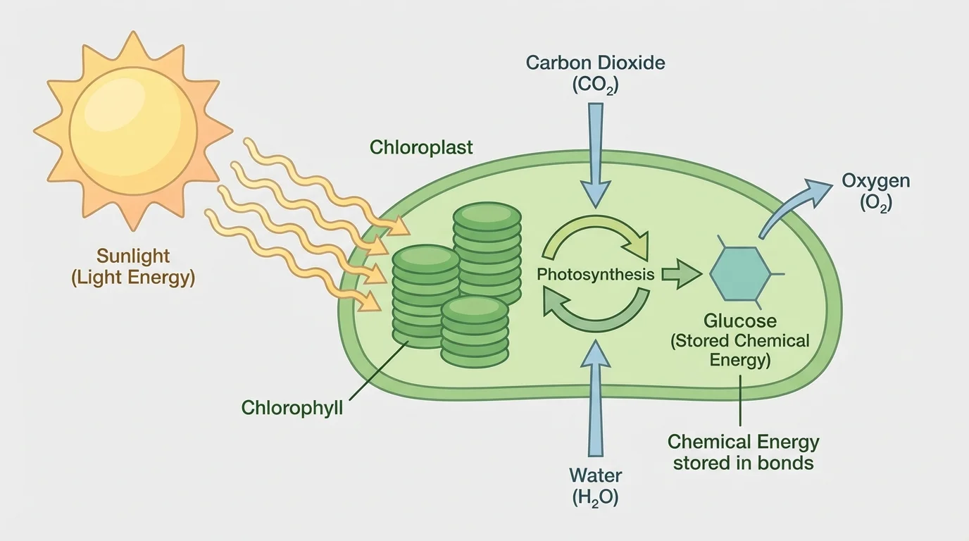 Energy transformation diagram showing sunlight absorbed by chlorophyll and converted into stored chemical energy in glucose molecules