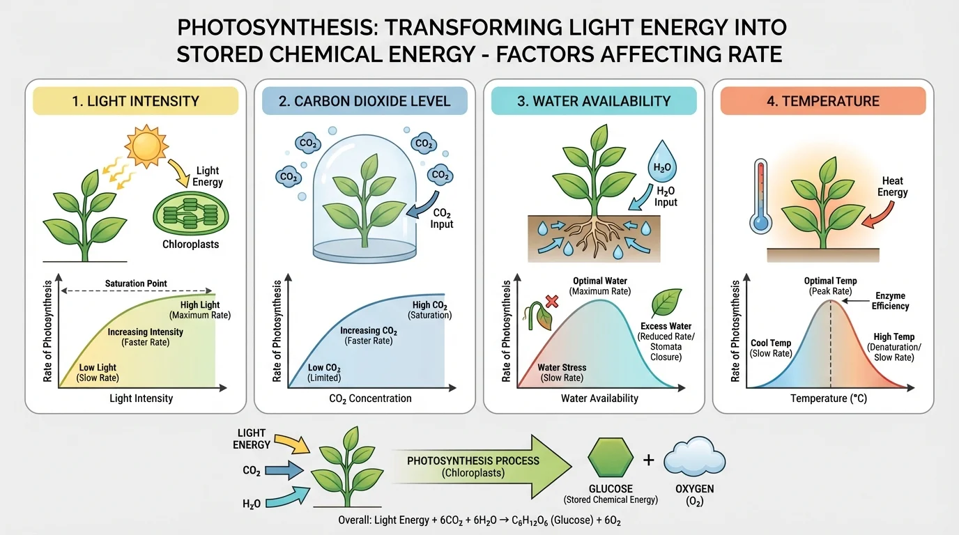 Comparison chart showing major factors affecting photosynthesis rate: light intensity, carbon dioxide level, water availability, and temperature