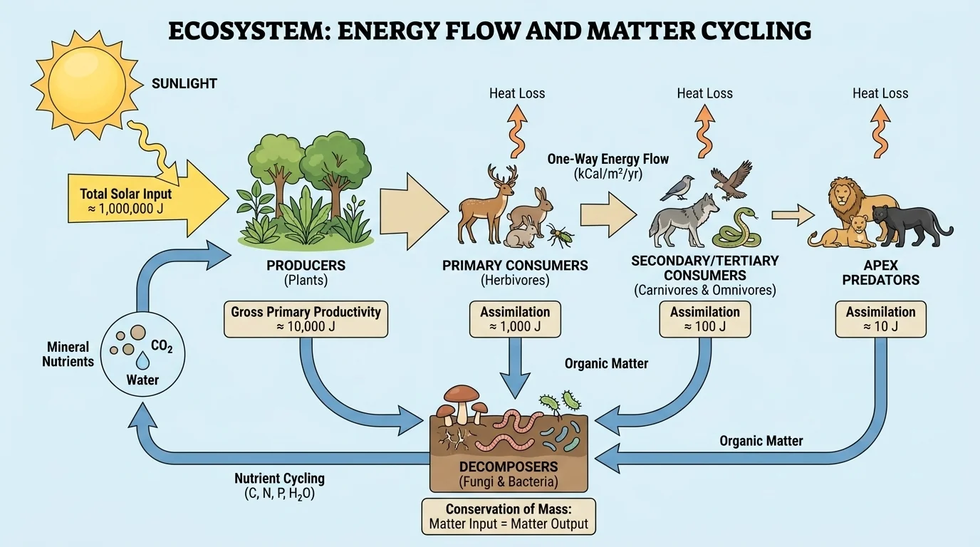 Ecosystem diagram with sunlight entering, plants, herbivores, carnivores, decomposers, and arrows showing cycling of matter and one-way energy flow