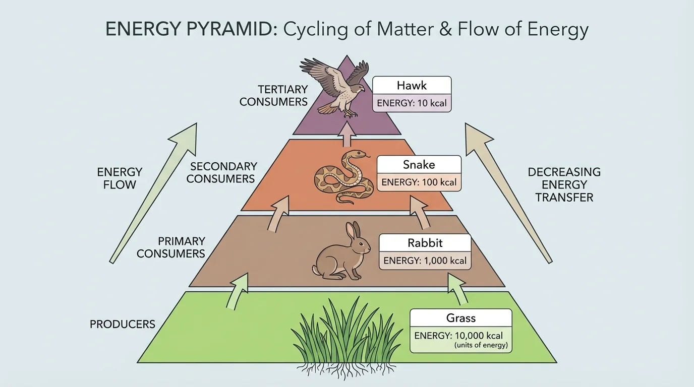 Energy pyramid with grass, rabbit, snake, hawk and decreasing energy values at each trophic level