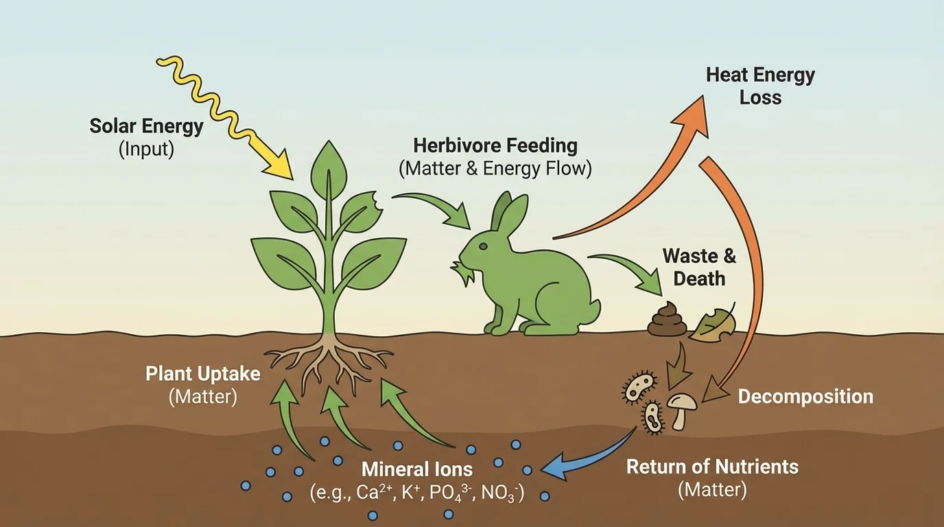 Nutrient cycle diagram showing mineral ions in soil, plant uptake, herbivore feeding, waste, decomposition, and return of nutrients to soil