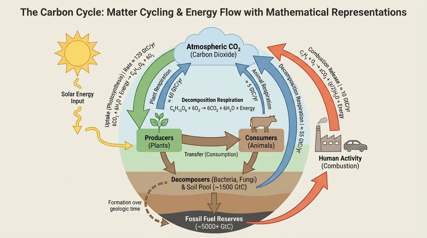 Carbon cycle diagram showing carbon dioxide in air, uptake by plants, transfer to animals, decomposition, respiration, and release by combustion