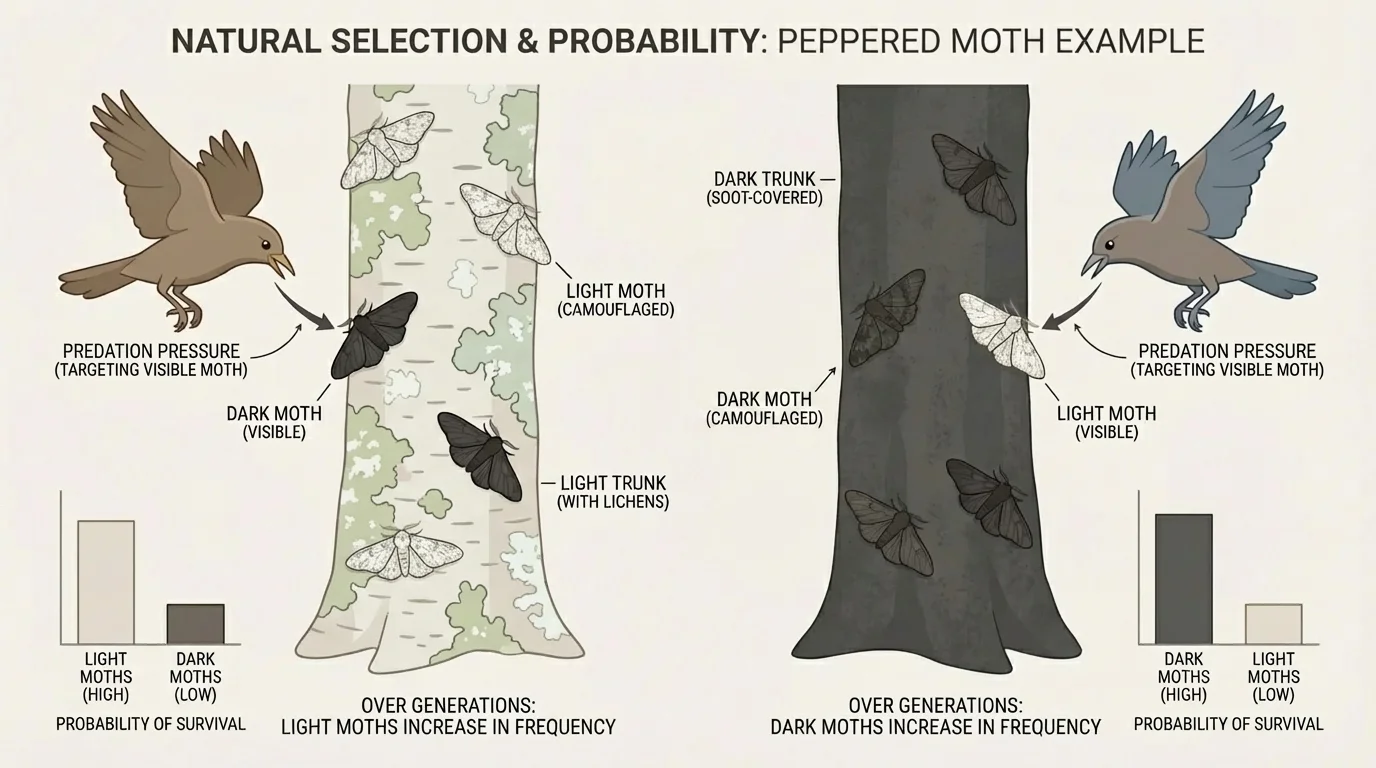 Side-by-side tree trunks, one light with lichens and one dark with soot, with light and dark peppered moths showing camouflage differences and birds targeting visible moths