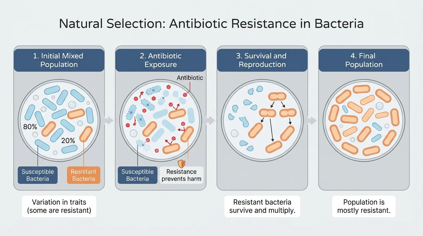 Sequence of a mixed bacterial population, antibiotic exposure killing susceptible bacteria, and resistant bacteria surviving and reproducing until they make up most of the population