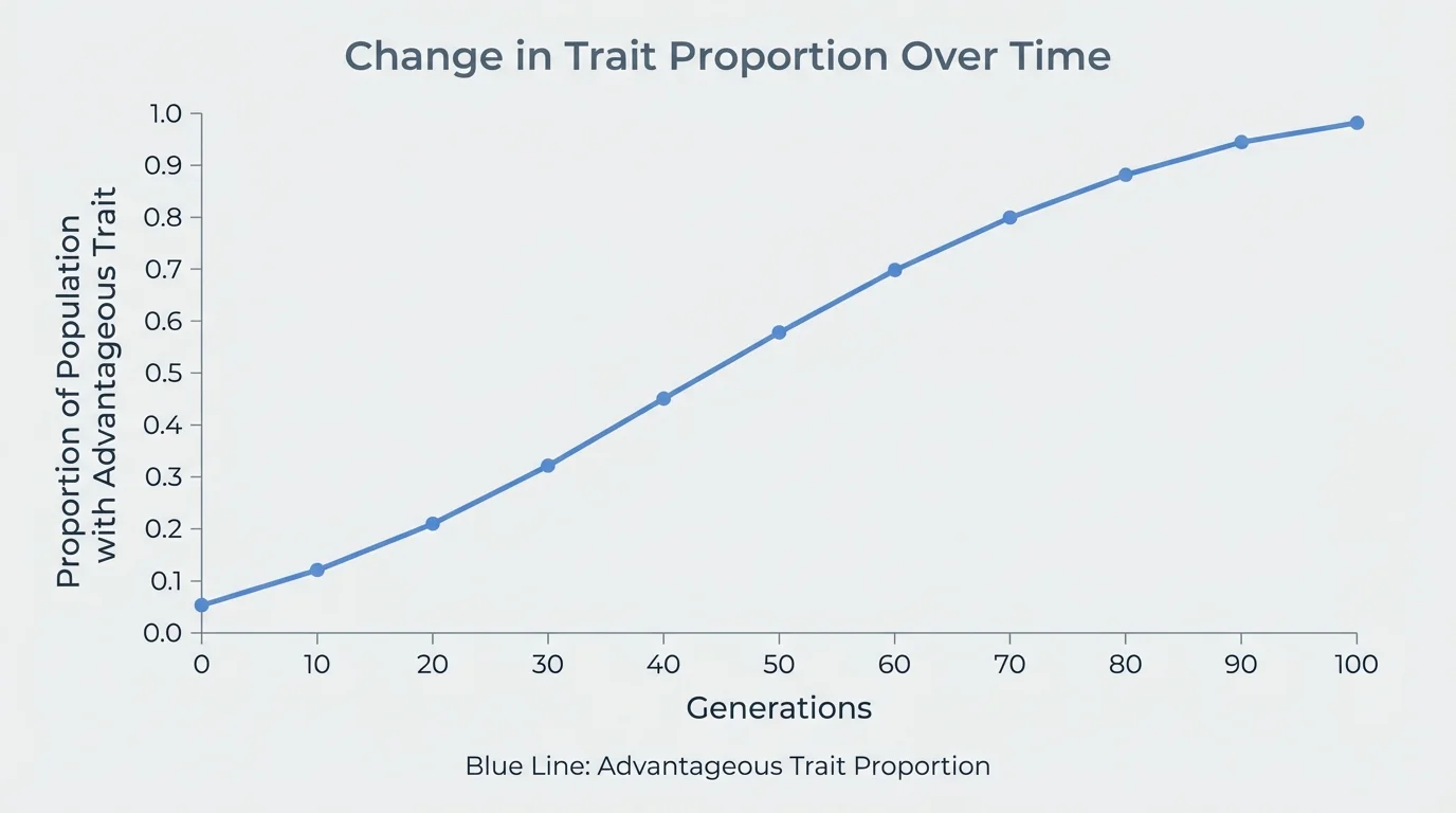 Line graph with generations on the horizontal axis and proportion of population with advantageous trait on the vertical axis, showing an upward trend across generations