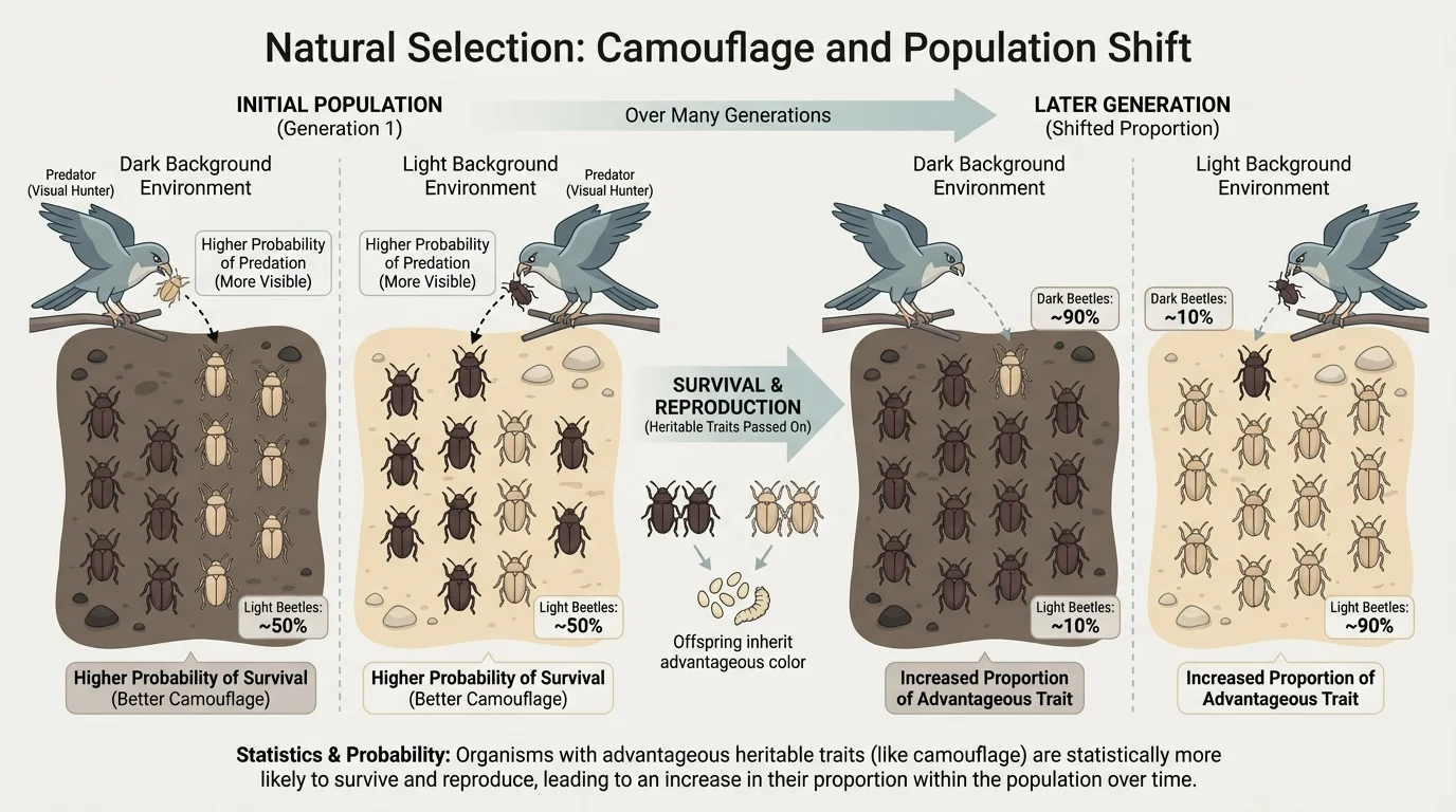 Beetles of two colors on contrasting backgrounds with predators catching the more visible beetles and the better-camouflaged beetles surviving to reproduce