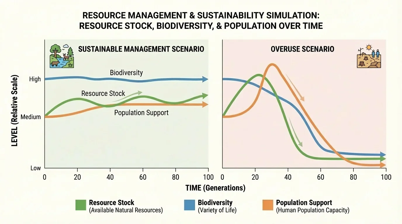 multi-line graph over time comparing sustainable management and overuse scenarios for resource stock, biodiversity, and population support