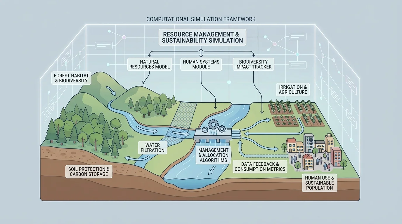hills with forest, river flowing to farms and town, labels for soil protection, water filtration, habitat, irrigation, and human use