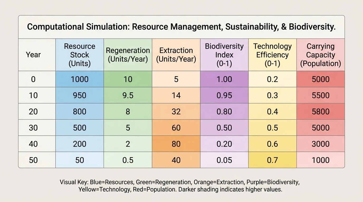 spreadsheet-style table with columns for year, resource stock, regeneration, extraction, biodiversity index, technology efficiency, and carrying capacity