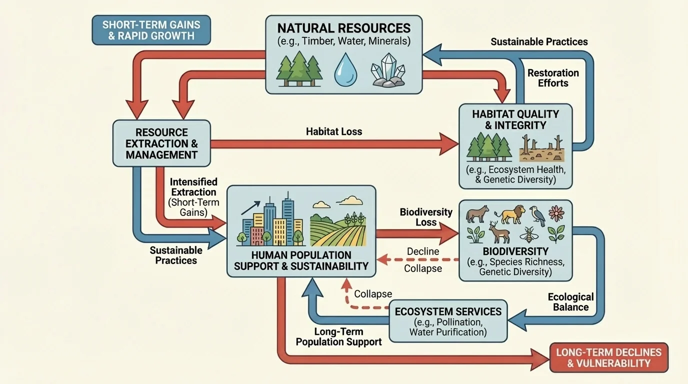 arrows linking resource extraction, habitat quality, biodiversity, ecosystem services, and human population support, showing both short-term gains and long-term declines