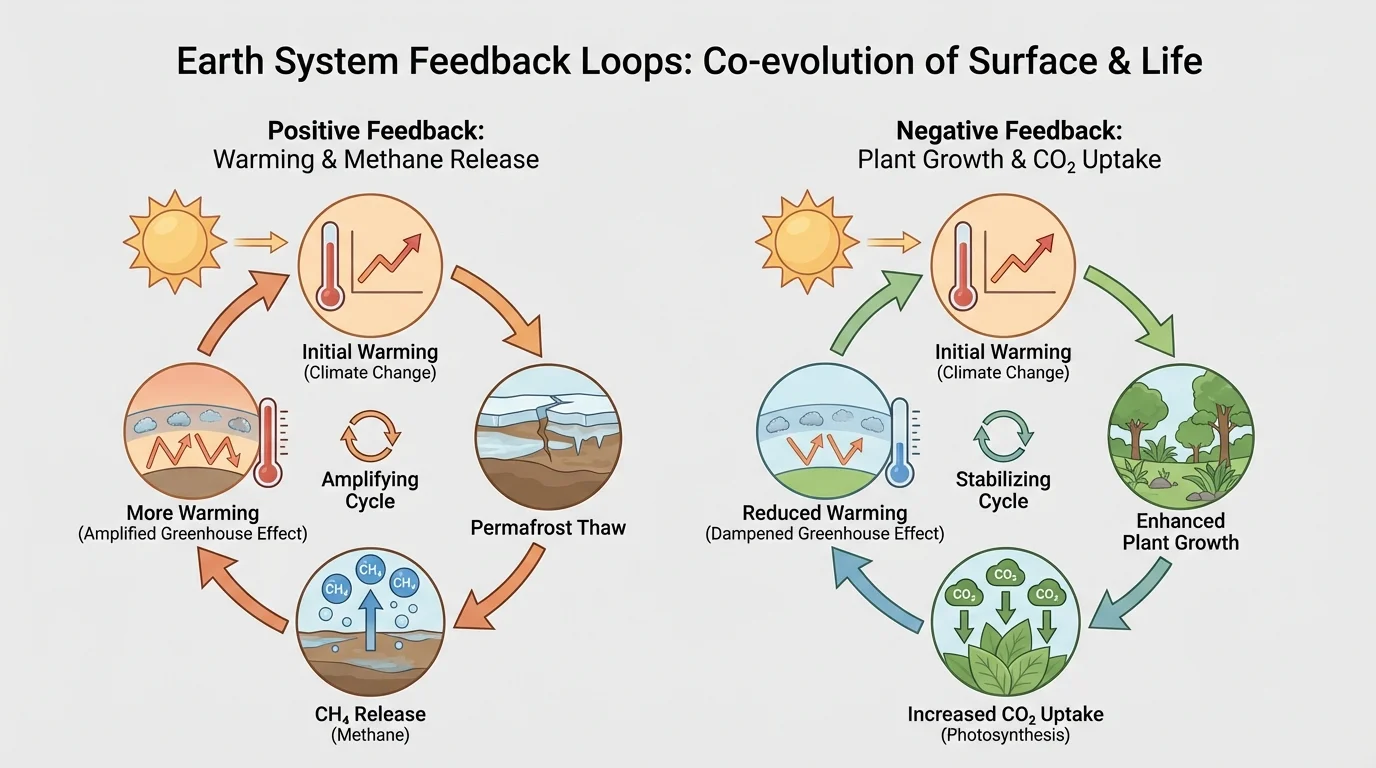 comparison diagram with one loop showing warming, permafrost thaw, methane release, more warming and another loop showing plant growth removing carbon dioxide and reducing warming