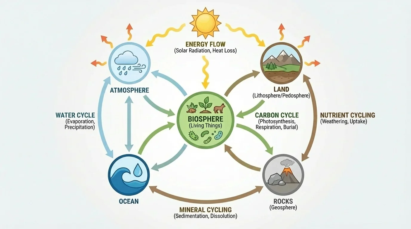 Earth systems diagram with arrows showing exchanges of water, carbon, nutrients, and energy among atmosphere, ocean, land, rocks, and living things