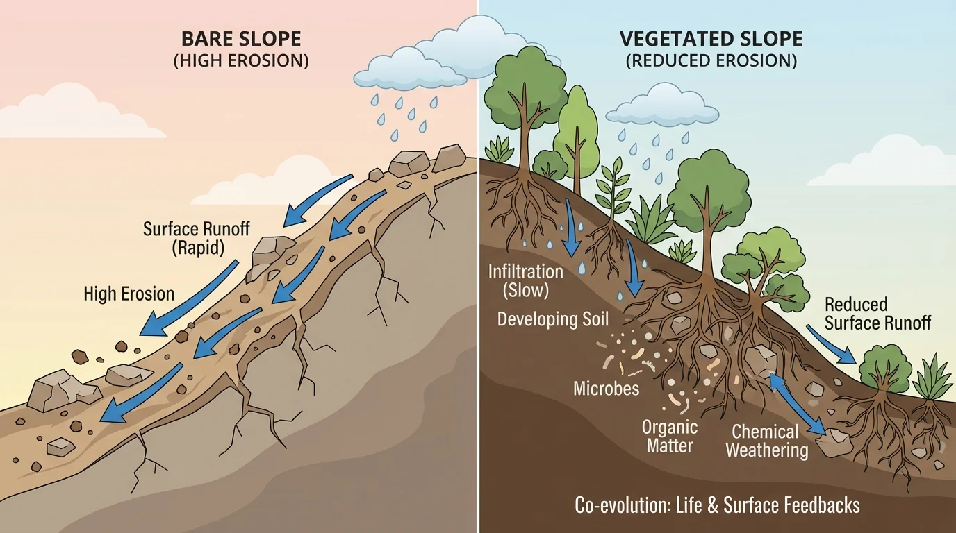 hillside cross-section with plant roots, microbes, rainwater, broken rock, developing soil, and reduced erosion compared with bare slope