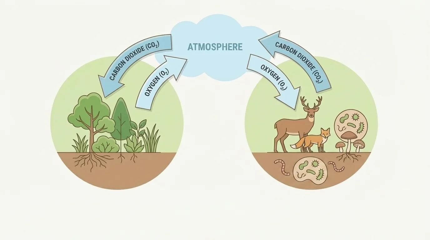 cycle diagram showing plants taking in carbon dioxide and releasing oxygen, animals and decomposers using oxygen and releasing carbon dioxide