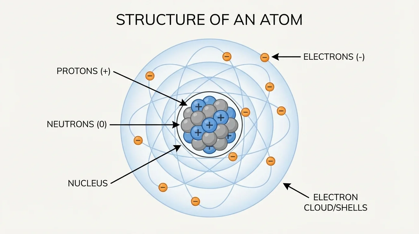 Labeled atom diagram showing protons and neutrons in a central nucleus with electrons in surrounding electron cloud or shells