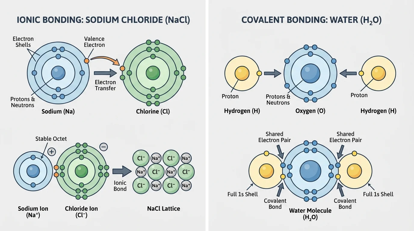 Side-by-side bonding diagram showing electron transfer in sodium chloride and electron sharing in a water molecule