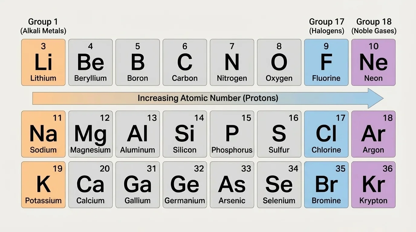 Simplified periodic table highlighting increasing atomic number across a row and colored columns for elements with similar properties