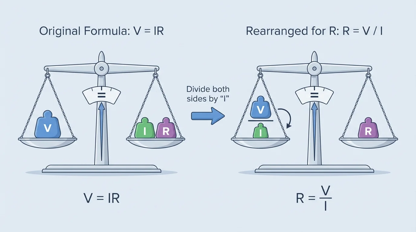 Balance scale diagram with both sides equal, then the same operation applied to both sides to isolate a variable