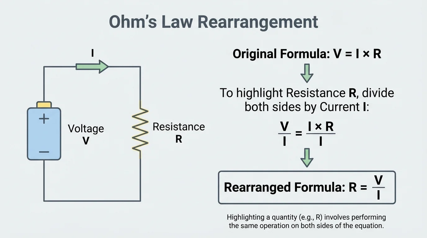 Simple circuit diagram with battery and resistor labeled voltage across the resistor, current through the circuit, and resistance of the resistor