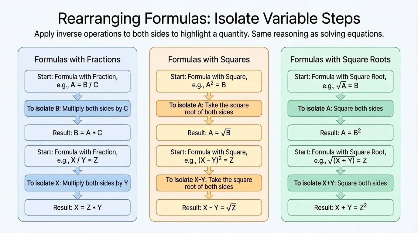 Flowchart showing isolate-variable steps for formulas involving fractions, squares, and square roots