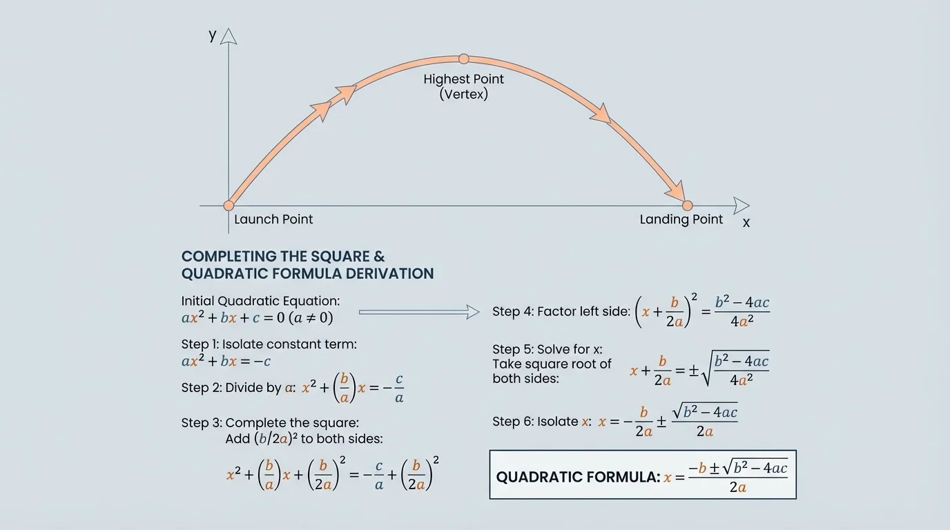 Graph of a projectile path as a parabola with launch point, highest point, and landing point labeled on coordinate axes