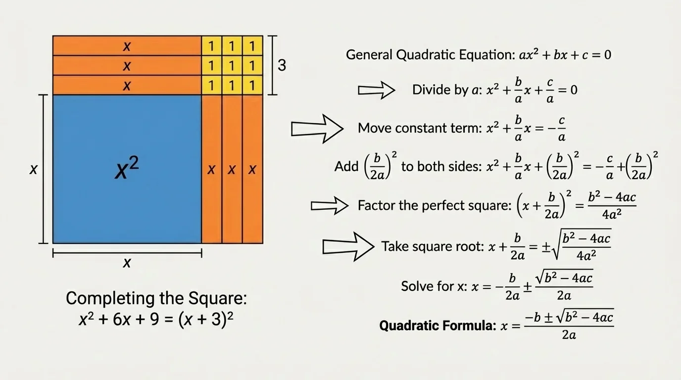Algebra tile style diagram showing a large square partitioned into x^2 region, two 3x rectangles, and a small 9 square to illustrate x^2 + 6x + 9 as a completed square