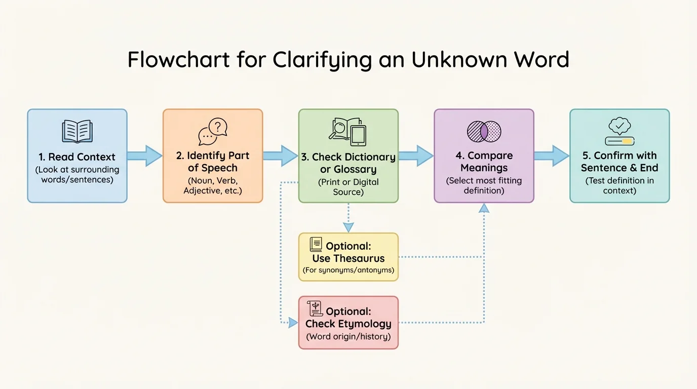 Flowchart for clarifying an unknown word: read context, identify part of speech, check dictionary or glossary, compare meanings, confirm with sentence, use thesaurus or etymology if needed