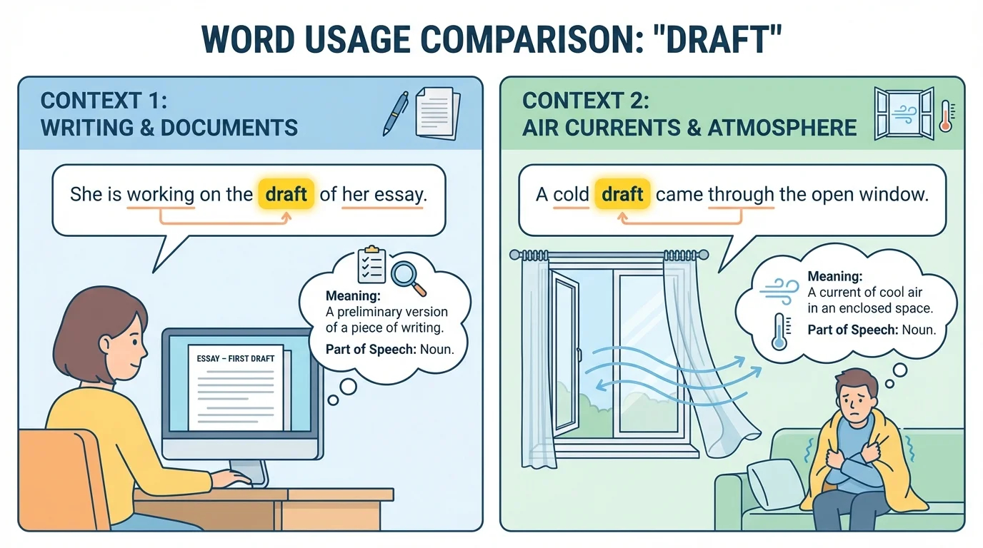 Comparison chart showing the word "draft" used in a writing context and in an air-current context, with surrounding sentence clues highlighted