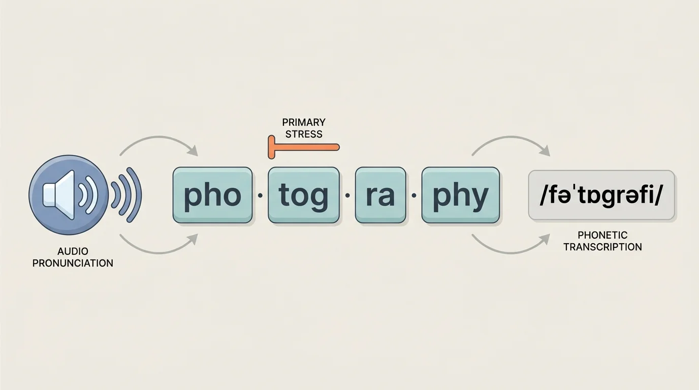Diagram of the word "photography" split into syllables with stress marked, plus icons for audio pronunciation and phonetic transcription