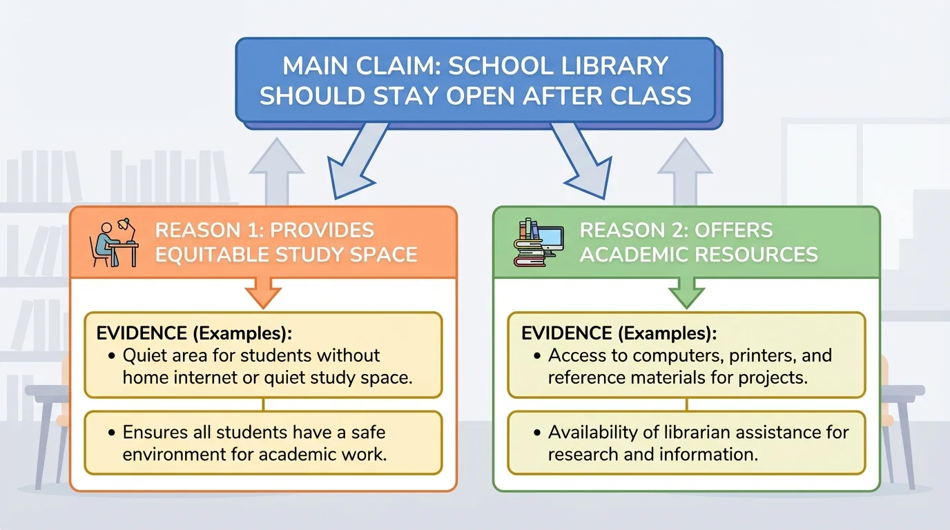 Main claim at top reading school library should stay open after class, with two supporting reasons below and brief evidence examples under each reason